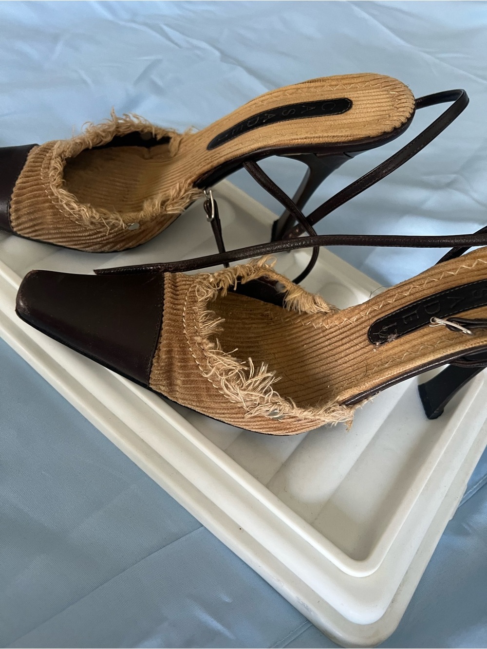 Casadei Brown Corduroy & Dark Brown Leather Slingback Heels - Picture 4 of 14